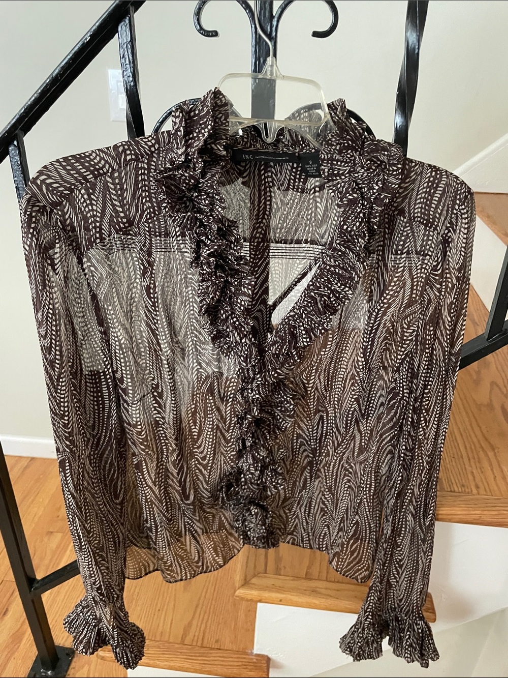 INC International Concepts Brown & White Printed Ruffle V-Neck Blouse